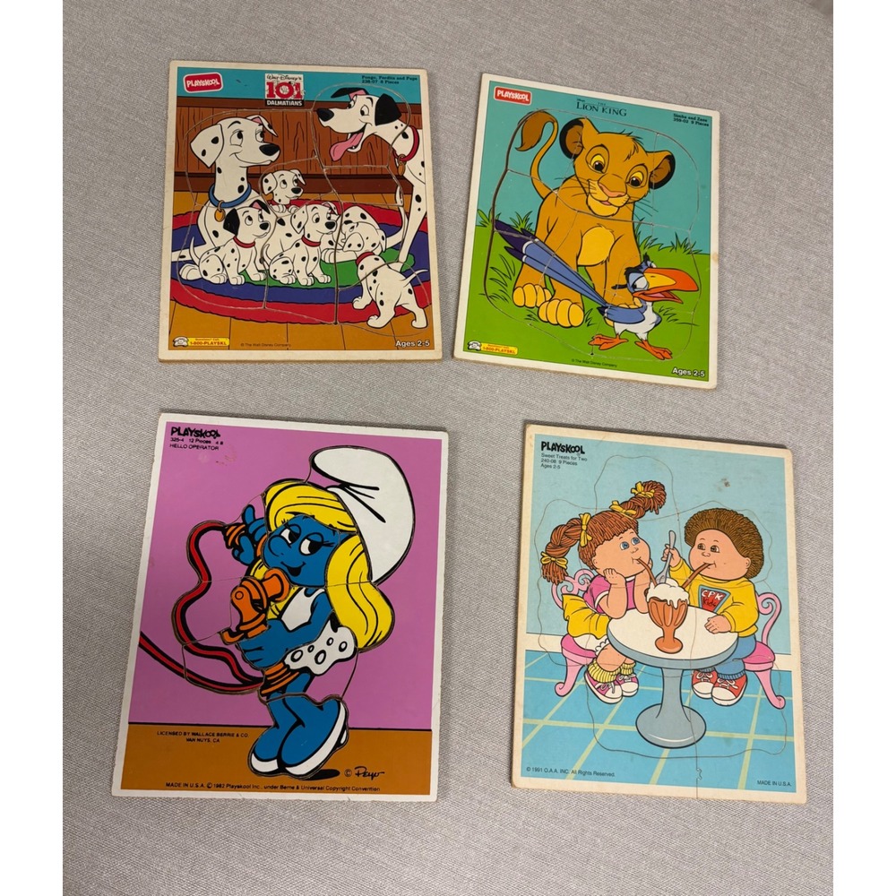 Vintage Playskool Wooden Puzzle Lot Lion King 101 Dalmatians Smurfette CPK
